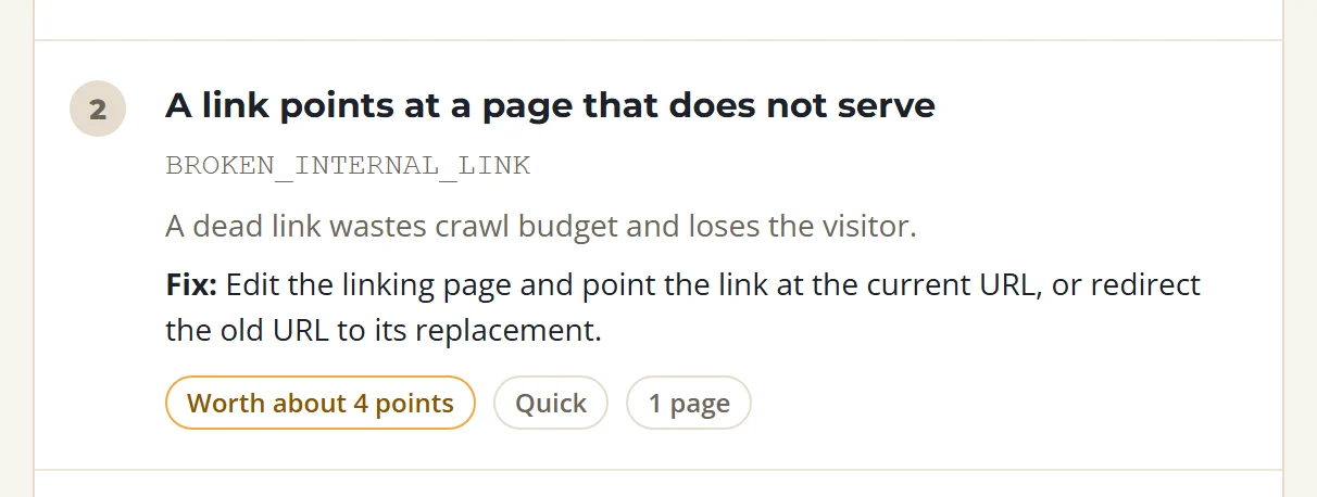 A SolSEO audit job headed A link points at a page that does not serve, code BROKEN_INTERNAL_LINK, on 1 page, worth about 4 points and marked quick, with the fix written out
