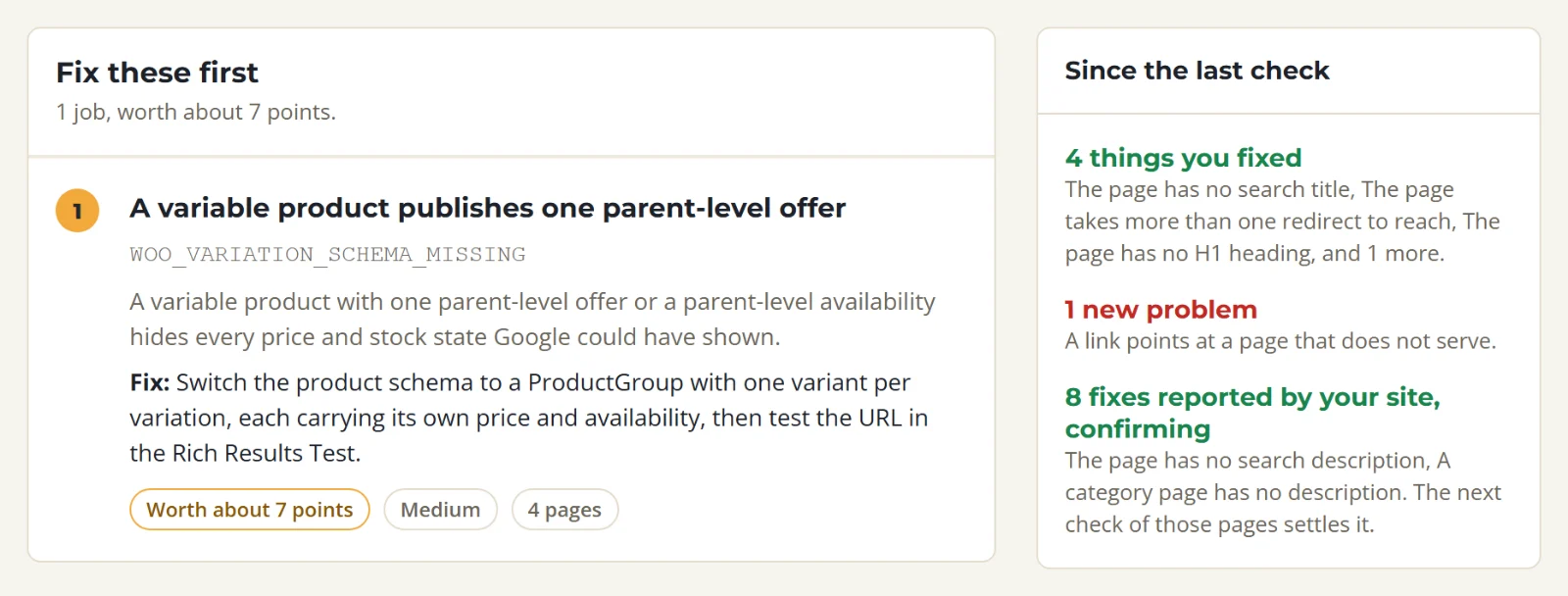 The SolSEO site audit: one job worth about 7 points, four things fixed since the last check, and eight fixes reported by the site waiting on the next check