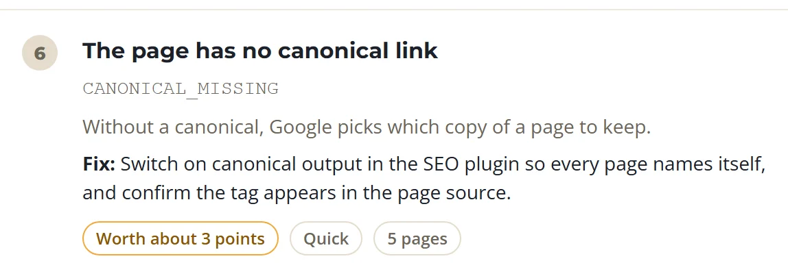 A SolSEO audit job: the page has no canonical link, worth about 3 points, a quick fix, found on 5 pages
