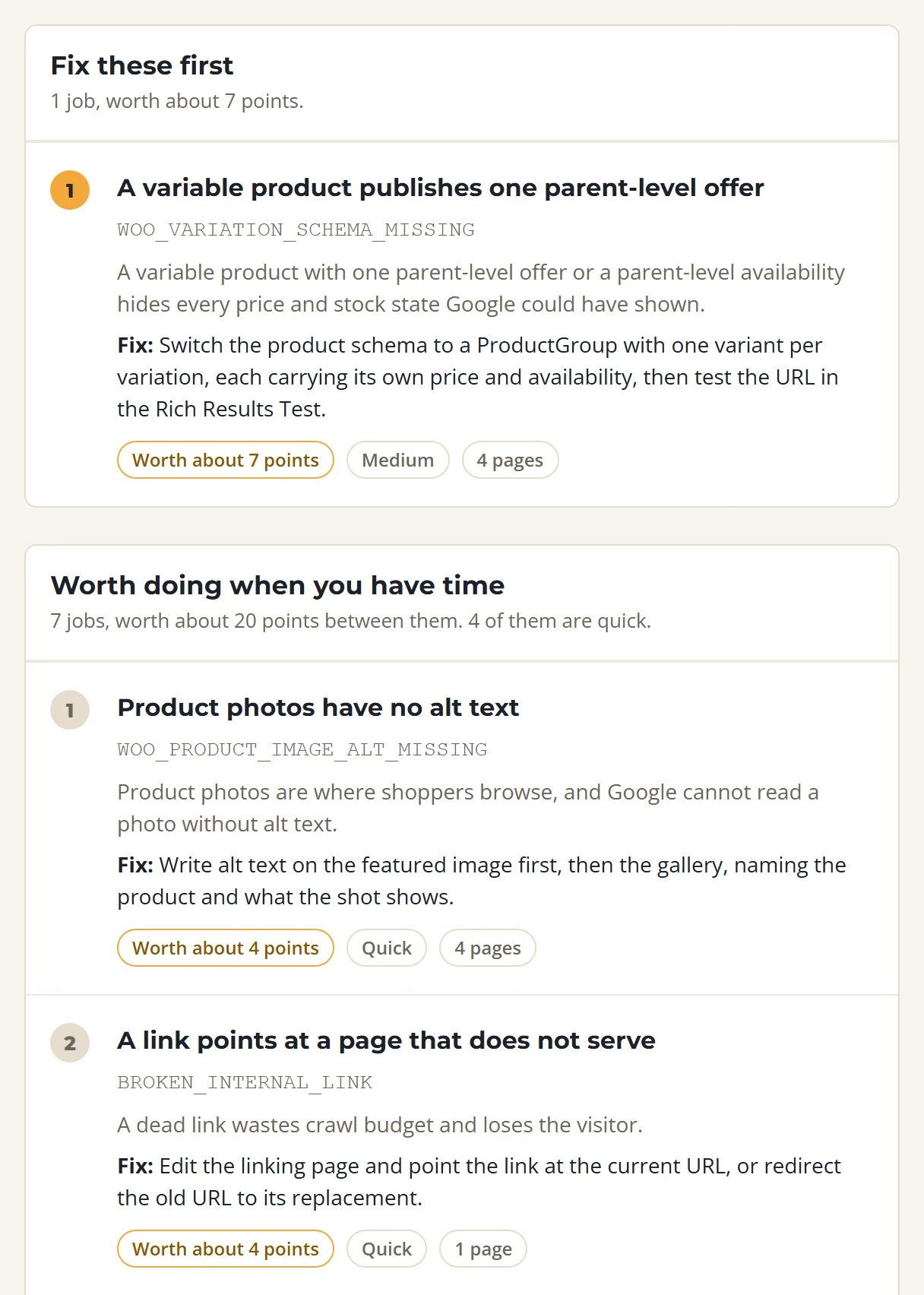 The SolSEO audit list on a demo store: one job worth about 7 points for variable products that publish one parent-level offer on 4 pages, then product photos with no alt text worth about 4 points and a broken link worth about 4