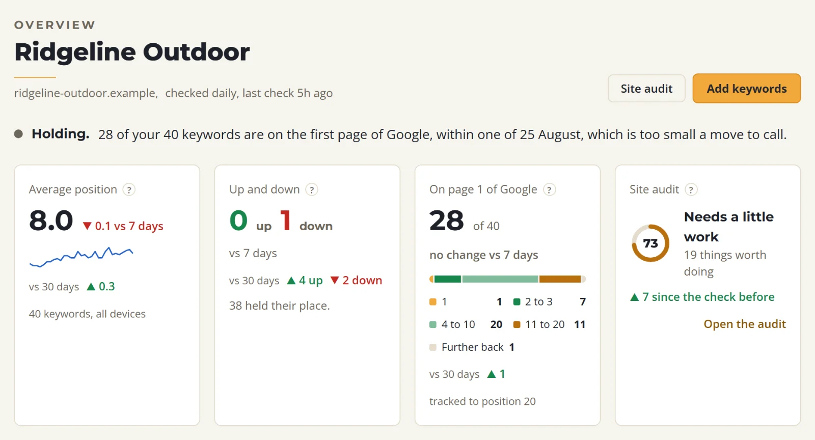 The SolSEO overview for a demo store: average position 8.0, 28 of 40 keywords on the first page of Google, and a site audit score of 73.