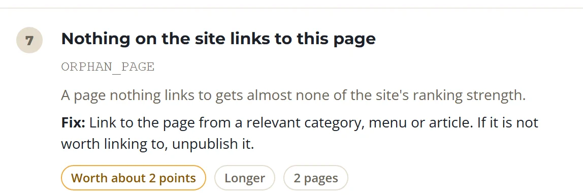 One SolSEO audit job: nothing on the site links to this page, with the reason, the fix, about 2 points, longer effort and 2 pages