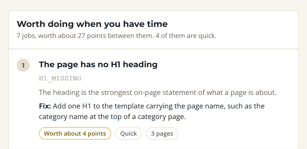 A SolSEO audit job: the page has no H1 heading, on 3 pages, worth about 4 points and quick to fix